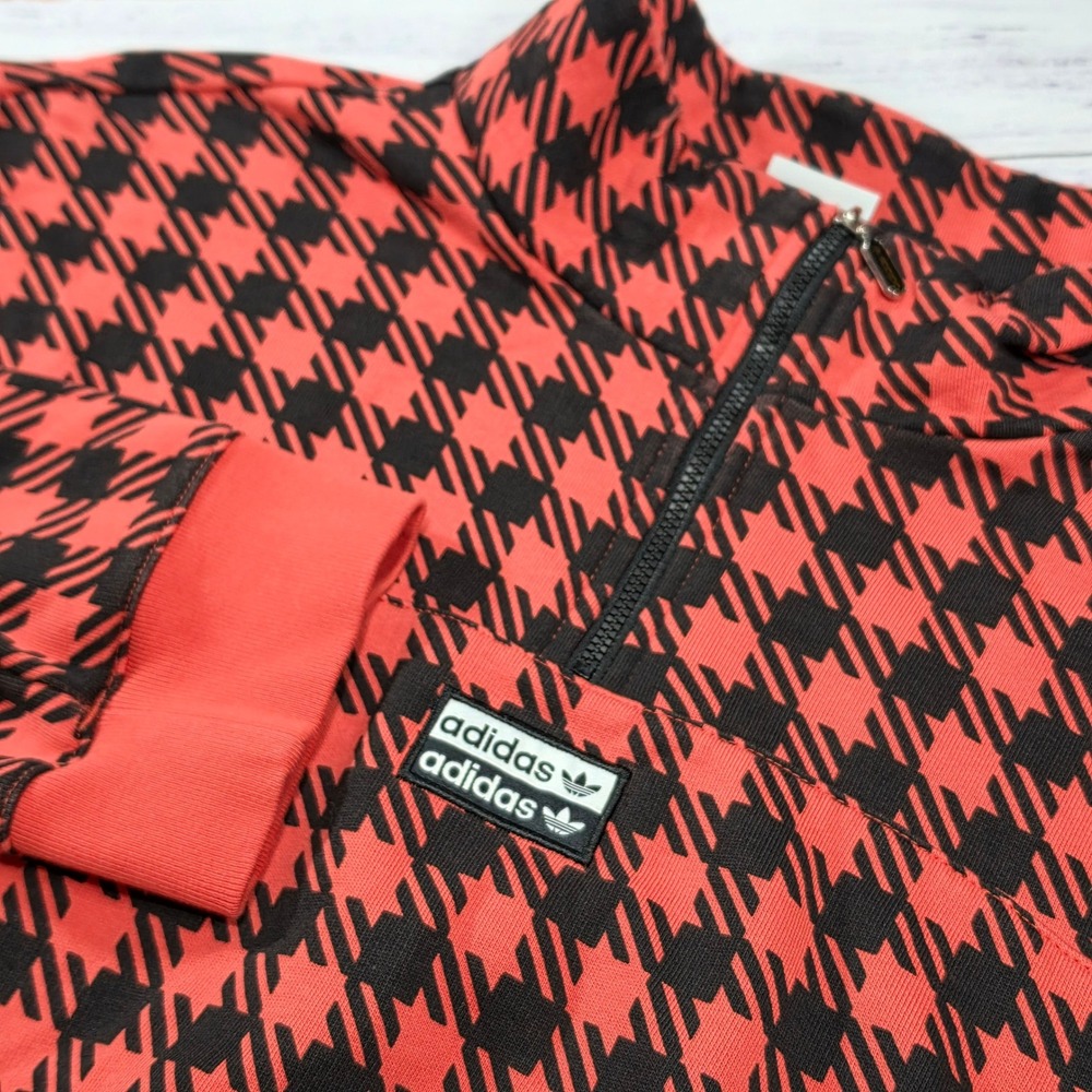 Adidas Quarter Zip Sweatshirt Womens Large Red Black EUC Houndstooth Pullover